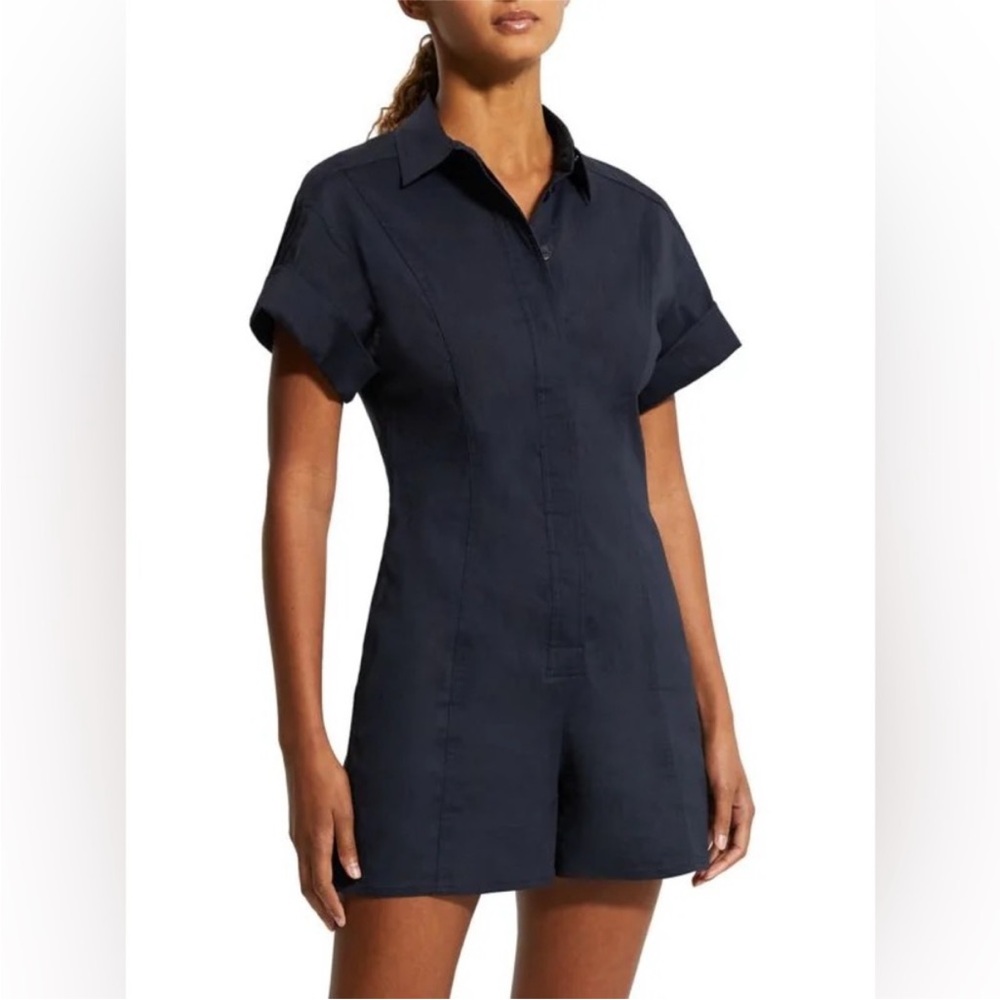 Theory Linen Romper Navy Blue Short Sleeve Collared One Piece Utility Style